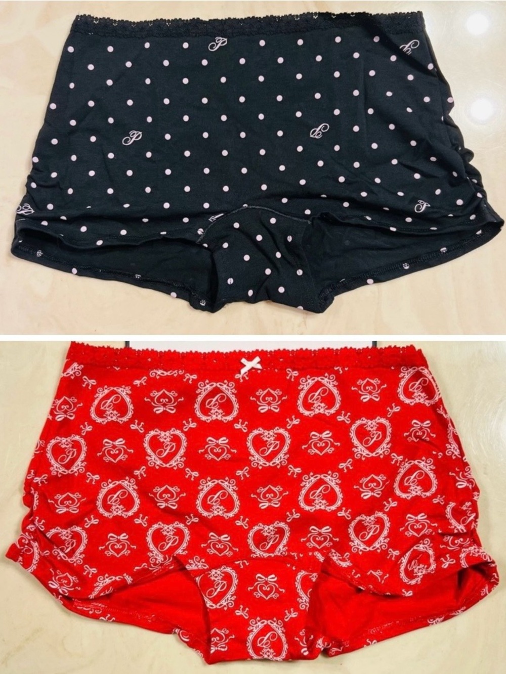VS Pink Cotton Dorm Boyshort Red Heart Doile Black White Polka Dot Print M